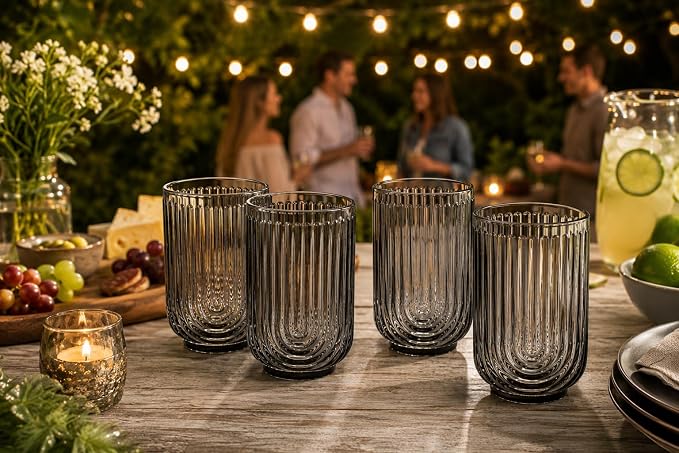 Glaver's Vintage Glassware - Art Deco Ribbed Drinking Glasses, U-Shape Arch Design Colored Cocktail Decorative Party Everyday Kitchen Tumblers, Hand Wash Only (Smoke S/4 17oz)