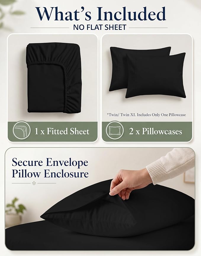 LANE LINEN 100% Organic Cotton Fitted Sheet Queen (+Pillowcases) 3-Piece Set Soft & Comfy Hotel Style Percale Weave Sustainably Produced Queen Size only 15" Deep - Black Fitted Sheet