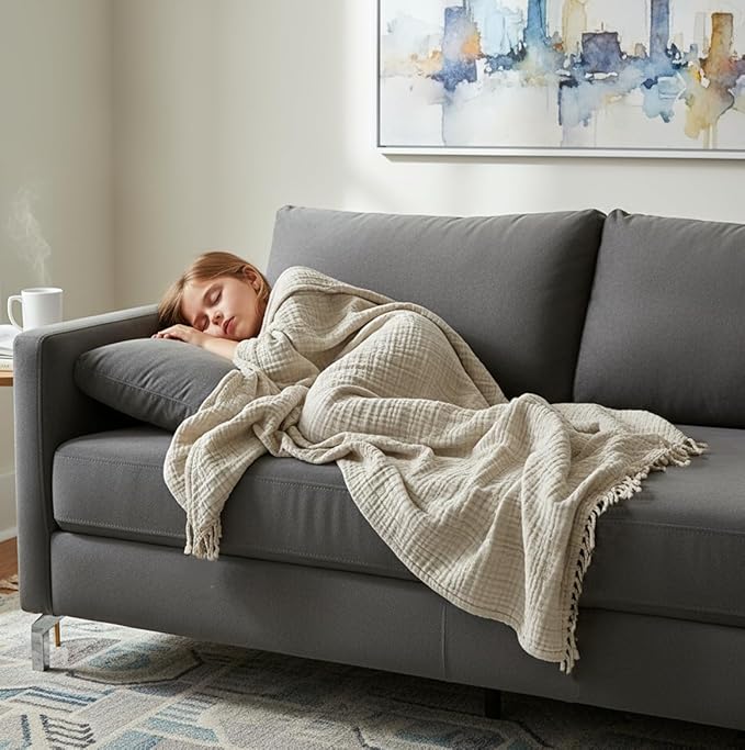 KyraHome 100% Organic Cotton Throw Blankets for Adults, Couch 50"x60", Muslin Blanket, Pre-Washed Plant-Dyed, Breathable Lightweight Summer Throw Blanket, All Season (Oatmeal Khaki Tan)