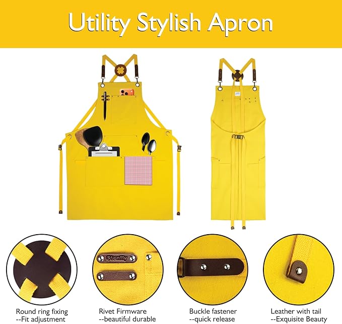 5 Pack Kitchen Apron, Work Apron, Canvas, Multiple Pockets, Gardening, Painting, BBQ, Artist, Carpenter, Sizes M to XXL, Yellow