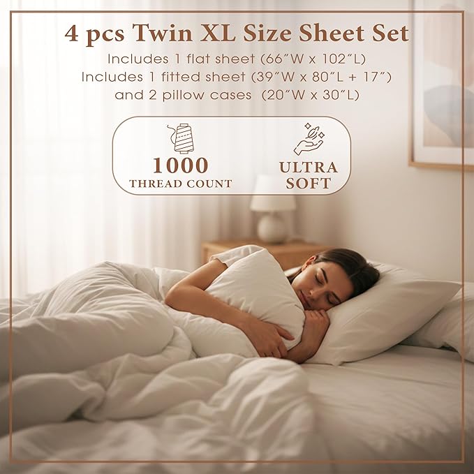 THE ART BOX Certified 100% Egyptian Cotton Sheets, Twin XL Sheet, 1000 Thread Count Hotel Quality Sateen Weave, 4 Pc Luxury Bed Sheet Set, White Sheets with Elasticized Deep Pocket