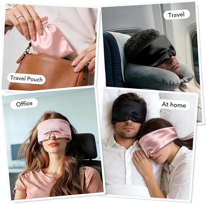 LitBear Silk Sleep Mask for Women, Adjustable 100% Mulberry Silk Sleeping Eye Mask for Side Sleeper, Total Blackout Eye Cover for All Night Sleep, Travel, Office, or Napping (Pink)