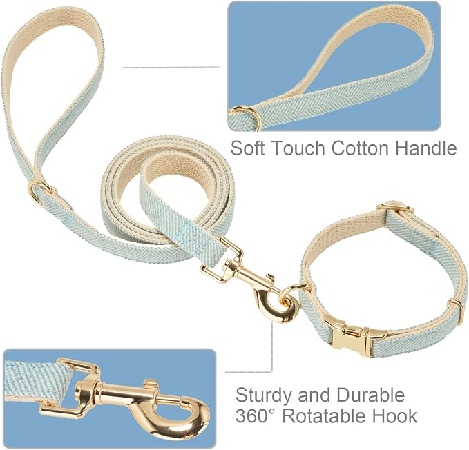 Soft Dog Collar and Leash Set Adjustable Woven Tweed Dog Collars with Metal Buckle and Lead for Small Medium Large Dogs,Blue