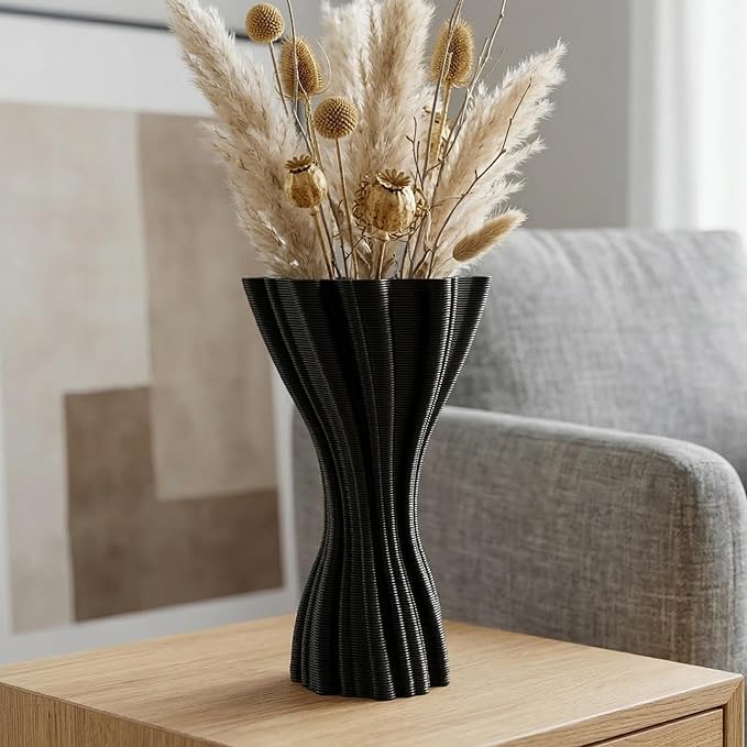Minimalist Black Ceramic Vase, Irregular Organic Shape Decorative Flower Vase for Home Decor, Wabi-Sabi Modern Accent for Living Room Table Shelf