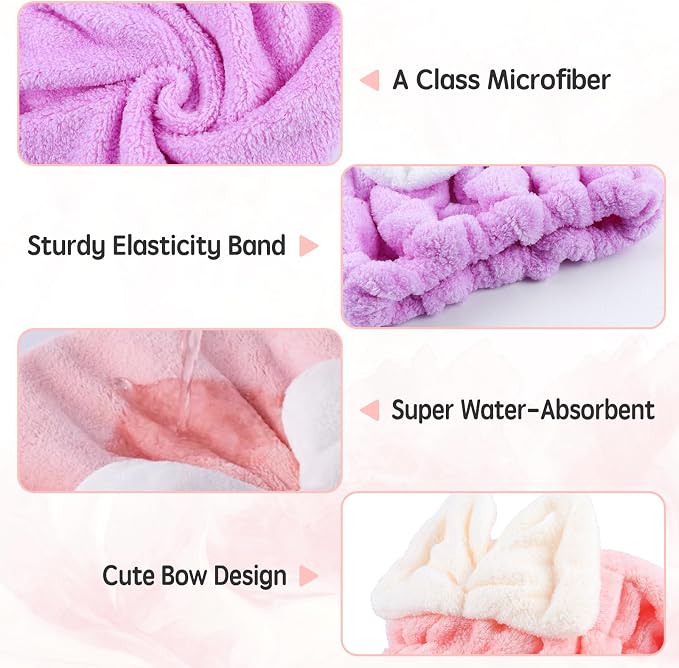 Microfiber Hair Drying Caps, 5-Pack Extra Soft and Ultra Absorbent Fast-Drying Hair Turban Wraps, Shower Caps for Girls and Women with Cute Bowtie Design（11" L x 10" W）