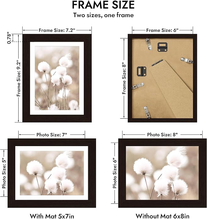 Hongkee 6x8 Oak Wood Picture Frame 1 Pack(Matted 5x7) with Real Glass Cover | Black, 6 x 8 Solid Wood Frame for Wall or Tabletop Display - Includes Easel Back, Vertical Hang - Ideal for Home, Office
