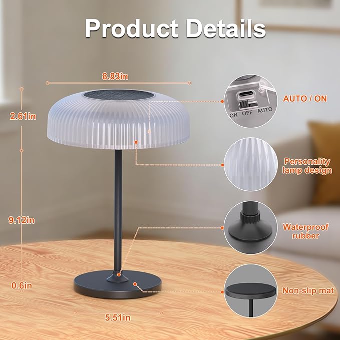Solar Cordless Table Lamp, Portable Outdoor Mushroom Desk Lamp, 2 Mode Lighting Waterproof Gesture and Touch Lamp with USB Rechargeable for Bedroom, Shower, Yard, Hiking (1 Pces)