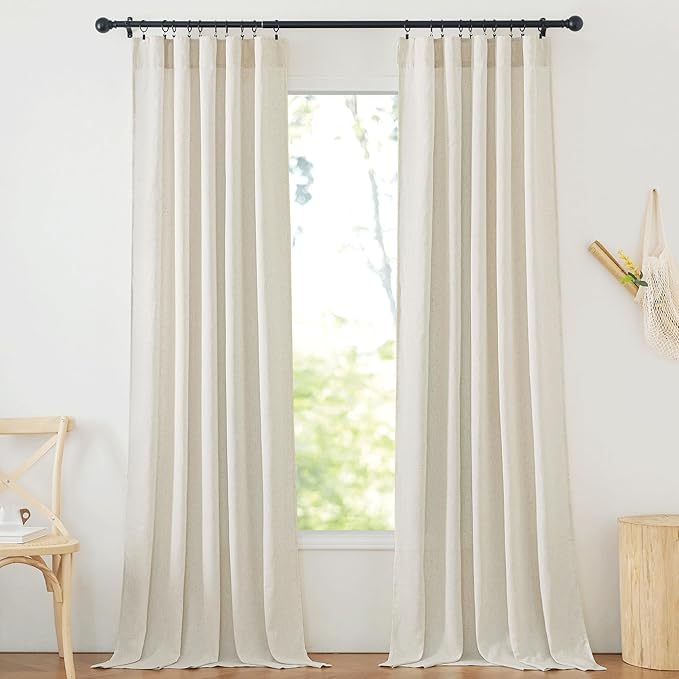 NICETOWN Natural Linen 144 inch Long Curtains for Bedroom, Rod Pocket & Back Tab Thick Flax Privacy Semi Sheer Window Treatments with Light Filter for Living Room, W55 x L144, 2 Panels