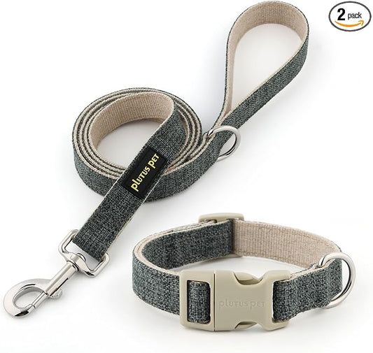 Plutus Pet Cotton Hemp Dog Collar and Leash Set, Adjustable Collar for Small, Medium, and Large Dogs, Heavy Duty and Soft on Skin, Gray, XL