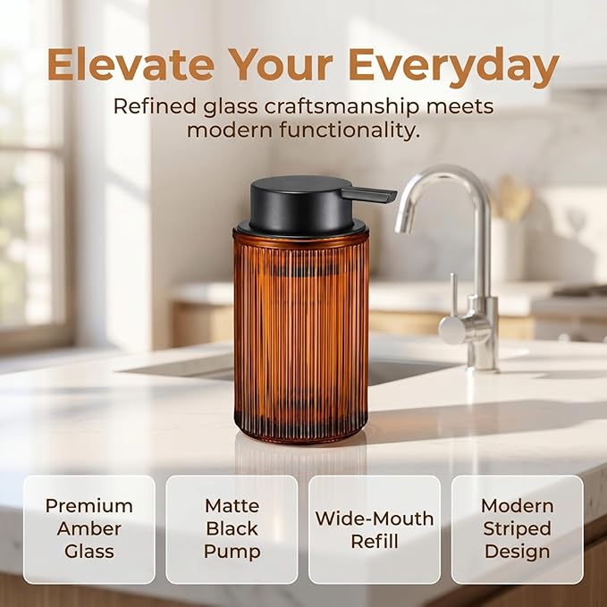 Amber Glass Foaming Hand Soap Dispenser with Matte Black Pump Thick Striped Bottle Refillable for Bathroom and Kitchen Decor 12 fl oz