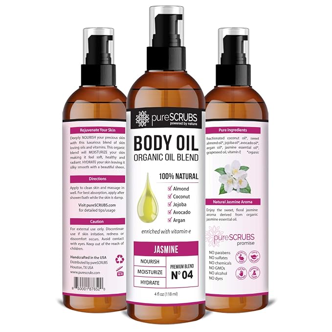 pureSCRUBS Ultra Moisturizing Jasmine Body Oil for Dry Skin, 4 oz | Luxurious After Shower Body Oil for Soft, Silky, Glowing Skin, Non-Greasy, Fast Absorbing & Hydrating Formula with Vitamin E