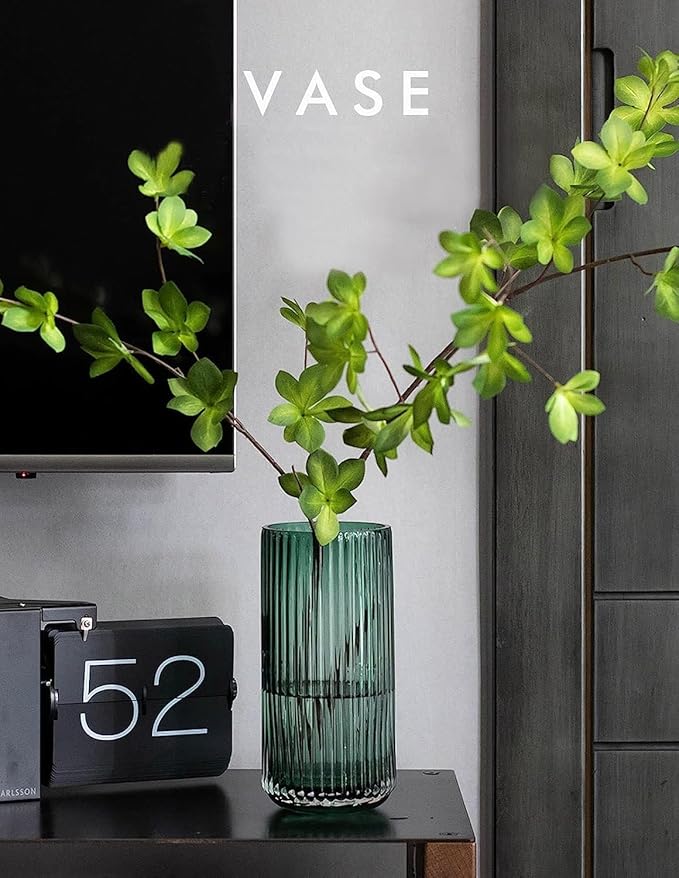 DECORPIA 10 Inch Premium Thickened Green Glass Vase - Ribbed Glass Flower Vase for Rustic Home Decor, Decorative Vases for Flowers for Modern Farmhouse, Ideal for Shelf, Mantle, Table Entryway Décor