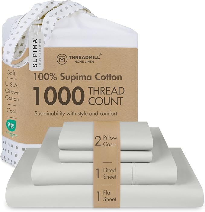 Threadmill Luxury Supima Cotton Sheets, 1000 Thread Count Soft 100% Cotton Sheets for King Size Bed, 4 Pc Light Grey King Bed Sheet Set, 5-Star Hotel Quality with Elasticized Deep Pocket King Sheet