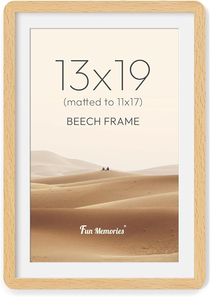 Fun Memories 13x19 Picture Frame - Solid Beech Wood Frame with Mat for 11x17, 13 By 19 Art Wall Frames with HD Tempered Glass, Horizontal or Vertical Wall Display, Natural Beech