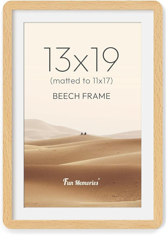 Fun Memories 13x19 Picture Frame - Solid Beech Wood Frame with Mat for 11x17, 13 By 19 Art Wall Frames with HD Tempered Glass, Horizontal or Vertical Wall Display, Natural Beech