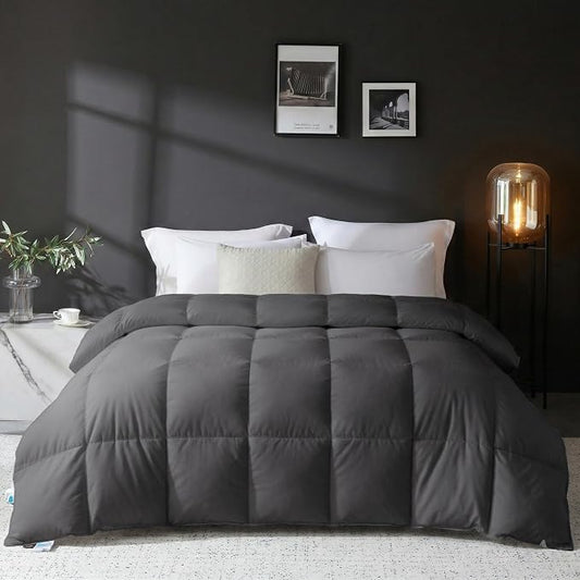 L LOVSOUL Goose Feather Down Fiber Comforter Queen Size, 100% Organic Cotton Fabric Duvet Insert,1200TC,750+Fill Power, Hotel Collection, Light Weight Grey Bedding Comforters with 8 Tabs