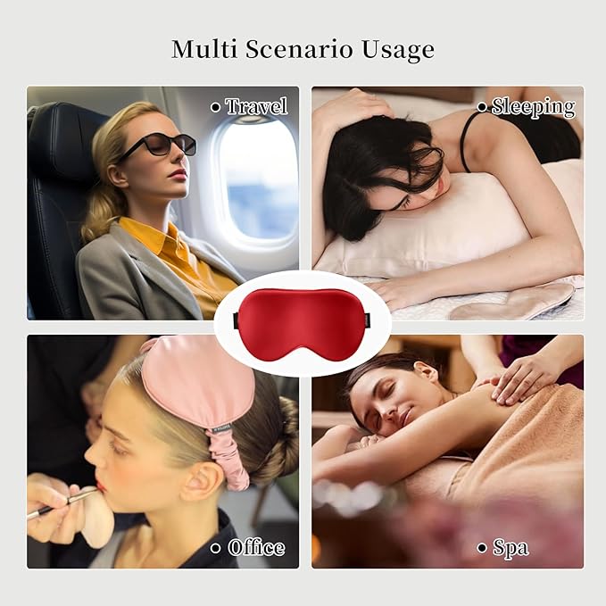 THXSILK Sleep Mask 100% 19 Momme Pure Mulberry Silk Super Smooth Cooling Sleep Eye Mask Blackout for Women/Man/Kids Eye Cover with Wide Head Strap Good Night Sleep Comfortable Travel and Nap, Red