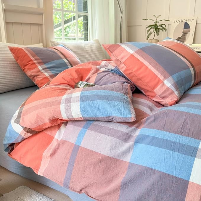 FACE TWO FACE Bedding Duvet Cover Set100% Washed Cotton Duvet Cover Linen Like Textured Breathable Durable Soft Comfy (King, Time Blue)