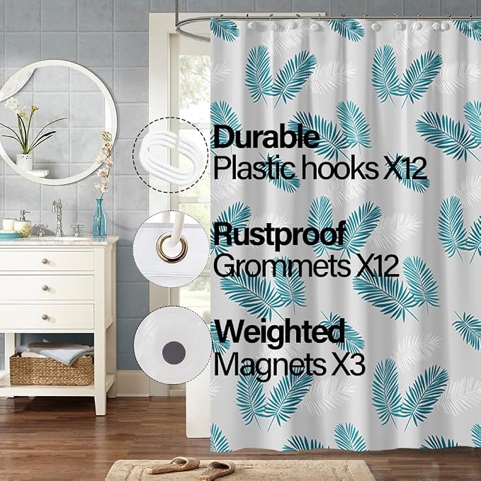 Plastic Shower Liner - Premium PEVA 4G Shower Curtain Liner with Rustproof Grommets and 3 Weighted Magnets, Waterproof Shower Curtains for Bathroom (Green Feather)