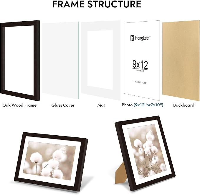 Hongkee 9x12 Oak Wood Picture Frame 1 Pack(Matted 7x10), Real Glass Cover | Black, 9 x 12 Solid Wood Frame for Wall or Tabletop Display - Includes Easel Back, Vertical Hang - Ideal for Home, Office