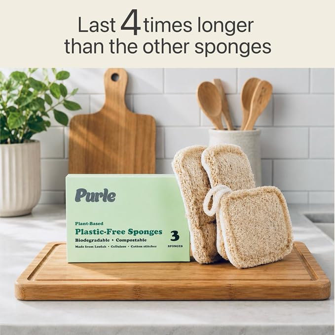 Purle Natural Kitchen Sponges, Eco-Friendly, Compostable Dish Sponges, Loofah & Cellulose Scrubbers, Plastic-Free, Zero-Waste, Biodegradable, Durable, Non-Scratch, Pack of 3