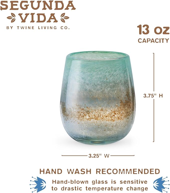 Segunda Vida Playa Bonita Hand Blown Wine Glasses, Recycled Mexican Glassware with Coastal Inspired Sea Blue and Sand Design, Stemless Drinking Glasses for Wedding Gifts, Wine Lovers, 13 oz Set of 2