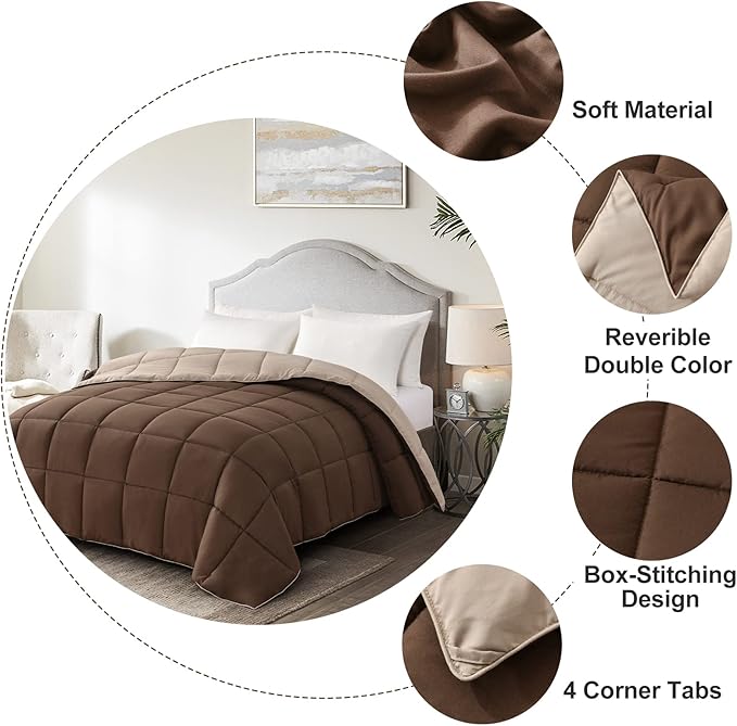 Homelike Moment California King Comforter - Brown Duvet Insert Down Alternative Bed Comforter, Lightweight Bedding Comforters Cal King Size Quilted Soft All Season Reversible Chocolate Brown/Beige