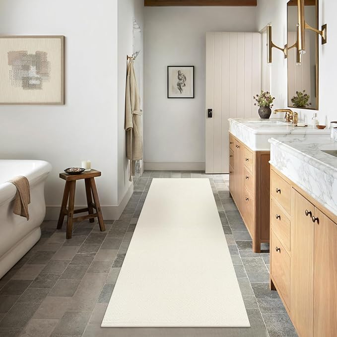 LEEVAN Hallway Runner Rug 2.6' x 8', Cream Braided Kitchen Runner, Washable Woven Reversible Bathroom Rug, Farmhouse Entryway Carpet, Low-Profile Floor Carpet for Doorway/Laundry Room/Bedroom