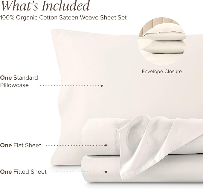 Bare Home 100% Organic Cotton Twin Sheet Set - 400 Thread Count - Smooth Sateen Weave - Breathable & Cooling - Hotel Luxury Set - Deep Pocket Bed Sheets (Twin XL, Cream)