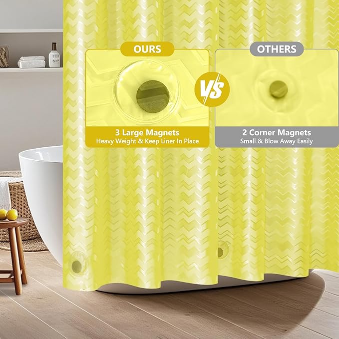 Seenus Waterproof PEVA Shower Curtain Yellow Striped, 3D Frosted Shower Curtain Liner with 3 Large Magnets, Bathroom Translucent Plastic Shower Curtain with Water Ripple Pattern