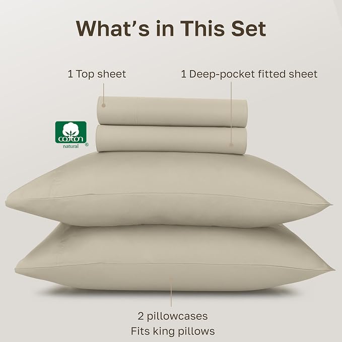 California Design Den 100% Egyptian Cotton Sheets King Size Deep Pocket Set - Certified Authentic Luxury, Soft Sateen, King Sheets Egyptian Cotton - Beige