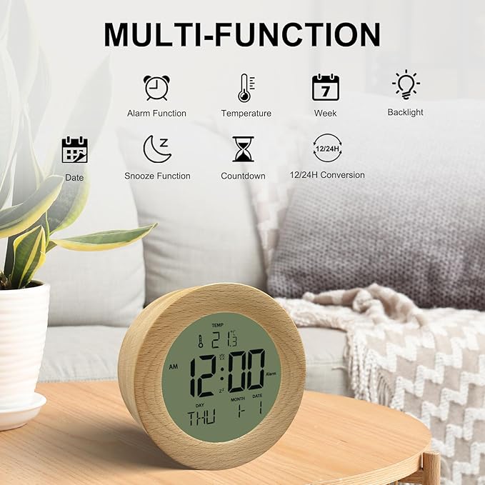 JoFomp Wooden Alarm Clock for Bedroom, 4'' LCD Nightlight Small Digital Clock Battery Operated, Loud Alarm Clock for Heavy Sleepers, Alarm Bedside Clock with Temp/Snooze/Date/Week/Countdown - 12/24H