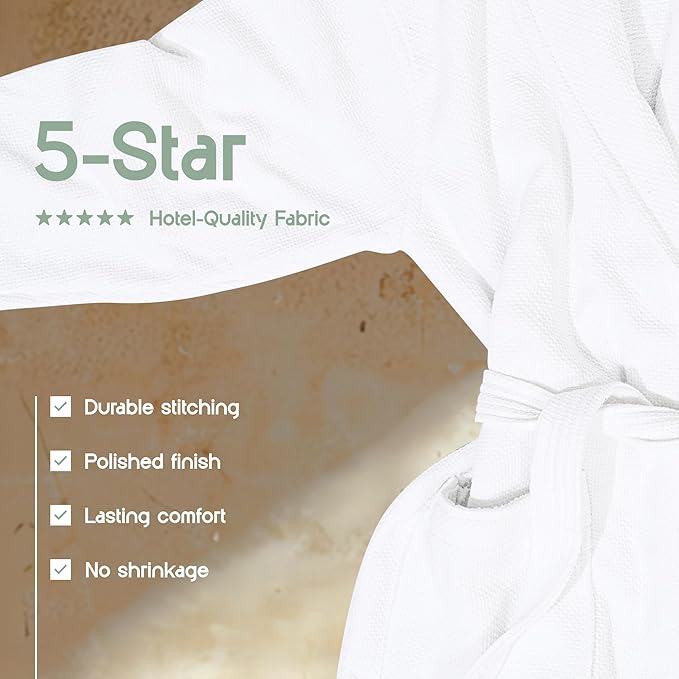 White Classic Waffle Bathrobe for Women, Men, 100% Turkish Cotton, Luxury Terry Interior, Waffle Exterior, One Size Fits Most