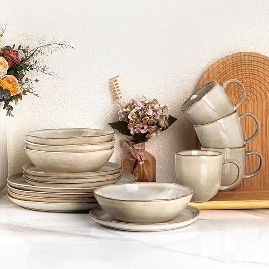 AmorArc Ceramic Dinnerware Sets,Handmade Reactive Glaze Stoneware Plates and Bowls Sets,Highly Scratch Resistant | Dishwasher & Microwave Safe Dishes Set,Service for 4 with Mugs (16pc)