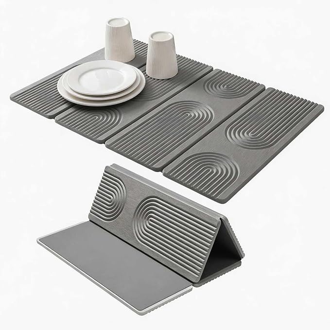Large Quick-Dry Stone Drying Mat for Kitchen Counter, 24" × 16", Foldable Diatomaceous Earth Dish Drying Mat with PU Non-Slip Base,for Bottles Cups Dishes (Gray (4-fold), 24" × 16")