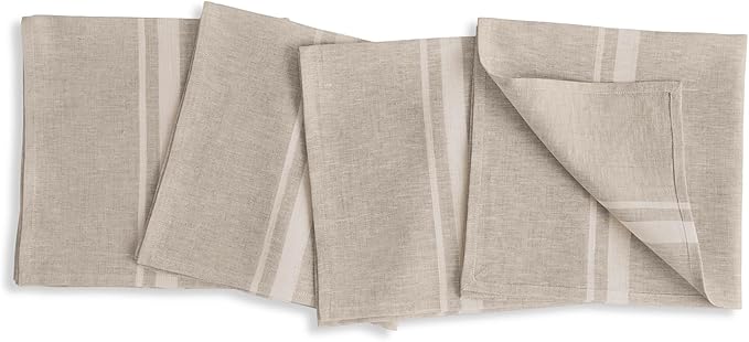 Solino Home Striped Linen Dinner Napkins Set of 4-100% Pure Linen White and Natural Cloth Napkins 20 x 20 Inch for Summer - French Stripe, Handcrafted and Machine Washable