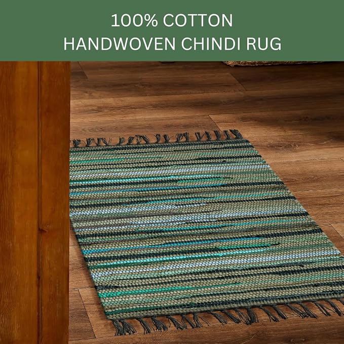 Cotton Chindi Rug - Boho Rustic Area Accent Throw Rug - Area Floor Carpet for Bedroom Living Room Kitchen Dorm Entryway Hallway - 20x32 inch Hand Woven Reversible Area Rug Green Multi
