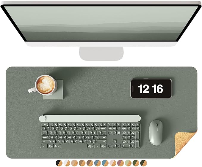 YSAGi Double-Sided Desk Pad, 23.6"x13.7"Leather Desk Mat, Eco Cork Desk Pad Protector,Large Mouse Pad,Waterproof Desk Blotter for Office/Home(Jungle Green)