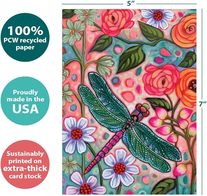 Tree-Free Greetings Bright Dragonfly Thank You Card - 1 Recycled 5x7 Card & Matching Envelope, Thick Cardstock, Made in USA - Artful Vibrant Garden