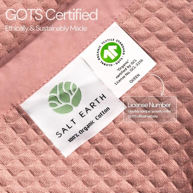 Salt Earth GOTS Certified 100% Organic Cotton Throw Blanket, 90"x90" Waffle Blankets & Throws for Bed, Throw Blanket for Couch, Cozy Christmas Blankets and Throws for Christmas Gifts (Misty Rose)