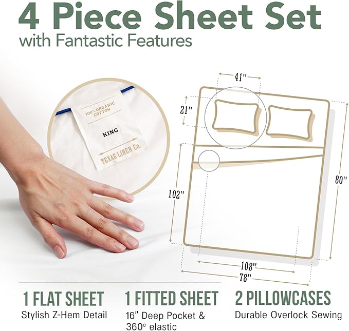 TEXAS LINEN CO. 100% Organic Cotton Percale Sheets King Size Pack or 2 - Soft & Crisp Organic Cotton Sheets King Size (8 PC, Light Blue), 16" Deep Pocket Percale Weve Bed Sheet Set - GOTS Certified