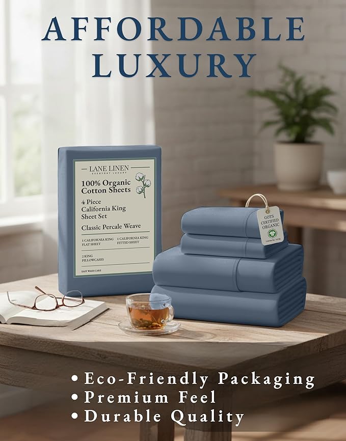 LANE LINEN 100% Organic Cotton Sheets for California King Size Bed - Soft Percale Sheets, Breathable Luxury Hotel Style Fully Elasticized Mercerized 15" Deep Pocket Cal King Sheet Set- Estate Blue
