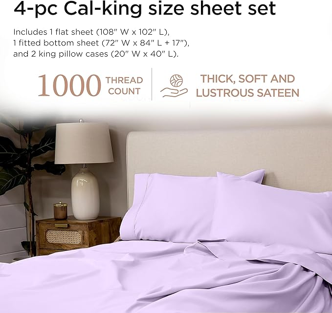Threadmill California King Sheets, Certified American Supima Cotton Sheets, 1000 Thread Count Hotel Quality, 4 Piece Luxury Bed Sheets Set with Elasticized Extra Deep Pocket, Lilac