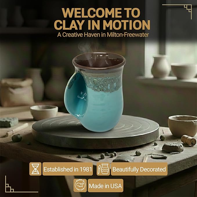 Clay in Motion Hand Warmer Coffee Mug – Handmade Coffee Mug With Comfortable Handle Contoured Pocket Hand Warming Ceramic Coffee Mug – Proudly Made in USA – Left Handed – 14 Oz - Ocean Tide