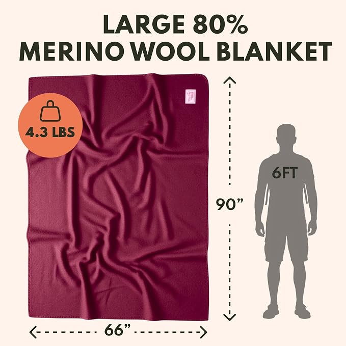 Woolly Mammoth Woolen Company Merino Wool Blanket, 66" x 90" Mulberry | Temperature Regulating - Fire-Resistant - Warm Camping Blanket for Car Emergency Kits, Picnics, Summer Festivals and Stadiums