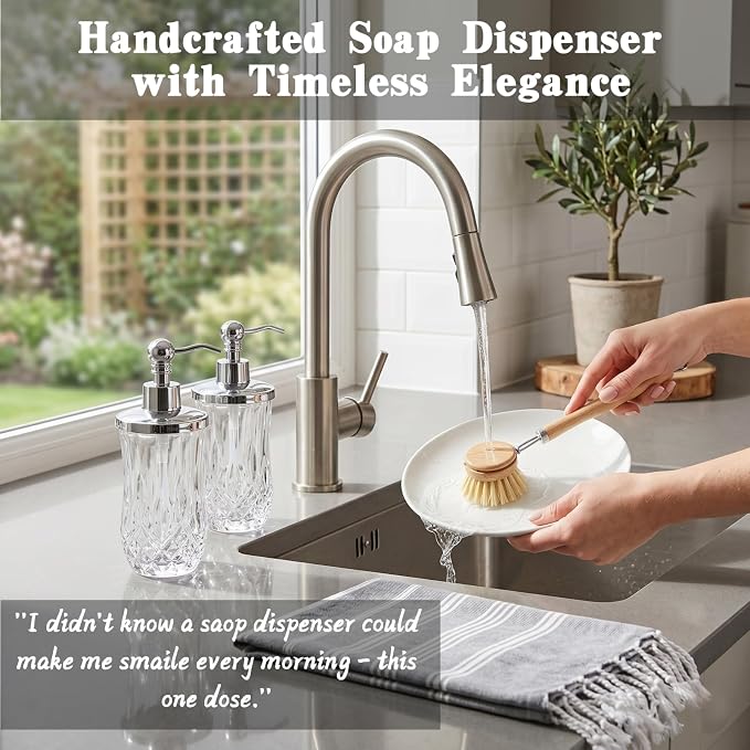 2 Pack 9 Oz Glass Soap Dispenser with Rust Proof Stainless Steel Pump,Clear Round Textured Refillable Hand Soap Dispenser with Vertical Fluting for Lotion,Hand Soap or Body Wash for Kitchen & Bathroom