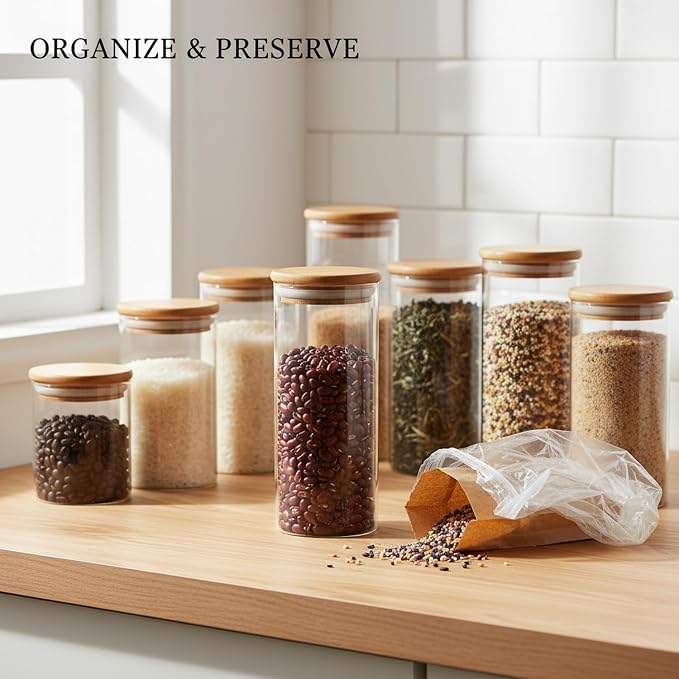 Borosilicate Glass Storage Jars with Bamboo Lids, Clear Kitchen Canisters for Pantry Organization of Dry Goods, Coffee, Tea, and Grains
