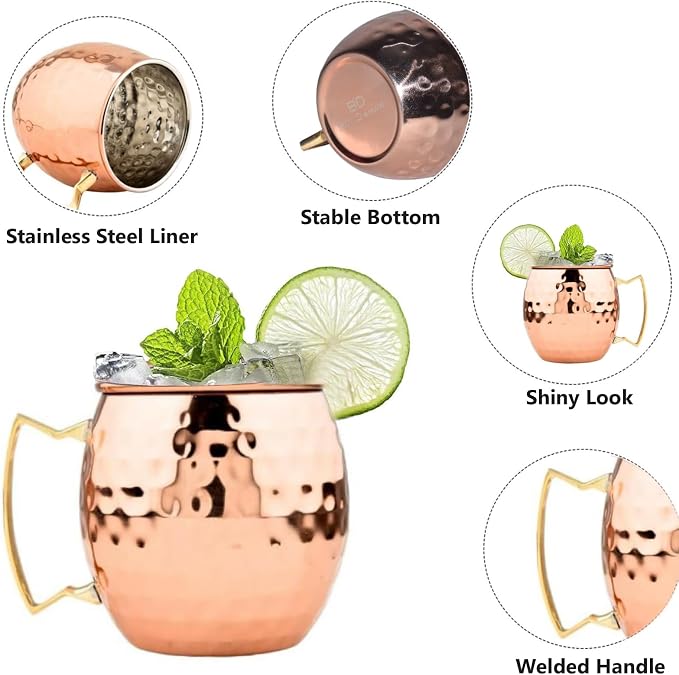 BOLD & DIVINE Copper Plated Moscow Mule Mugs Set of 2 | 18 Oz Hammered Cups with 304 Stainless Steel Lining and Gold Brass Handles | Bonus Copper Straws, Shot Glass & Cleaning Brush
