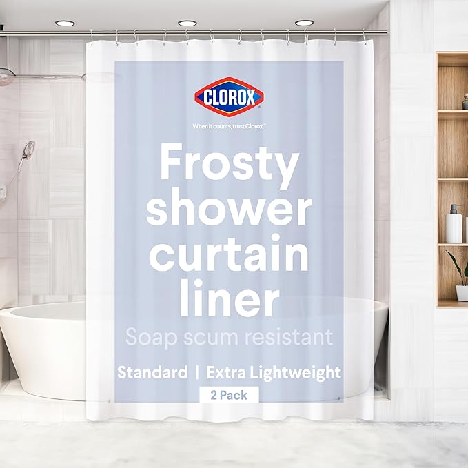 Clorox Shower Curtain Liner, Premium Lightweight Flexible Waterproof 3g PEVA for Bathroom with Weighted Magnets, Standard Size 70" x 72", Frosty 2 Pack
