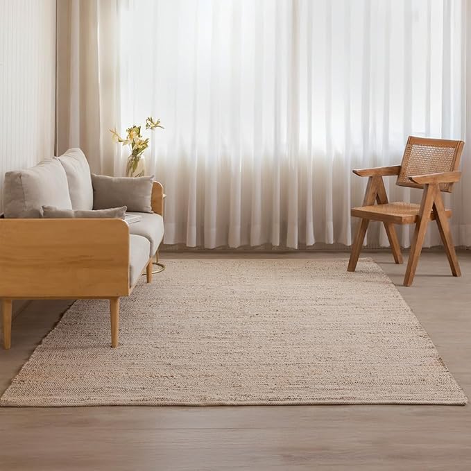 HOMEMONDE Hand Woven Jute Cotton Area Rug 6' x 9' ft Rectangle Natural Farmhouse Rug - Rustic Vintage Boho Decor Rug for Living Room, Bedroom, Dining Room